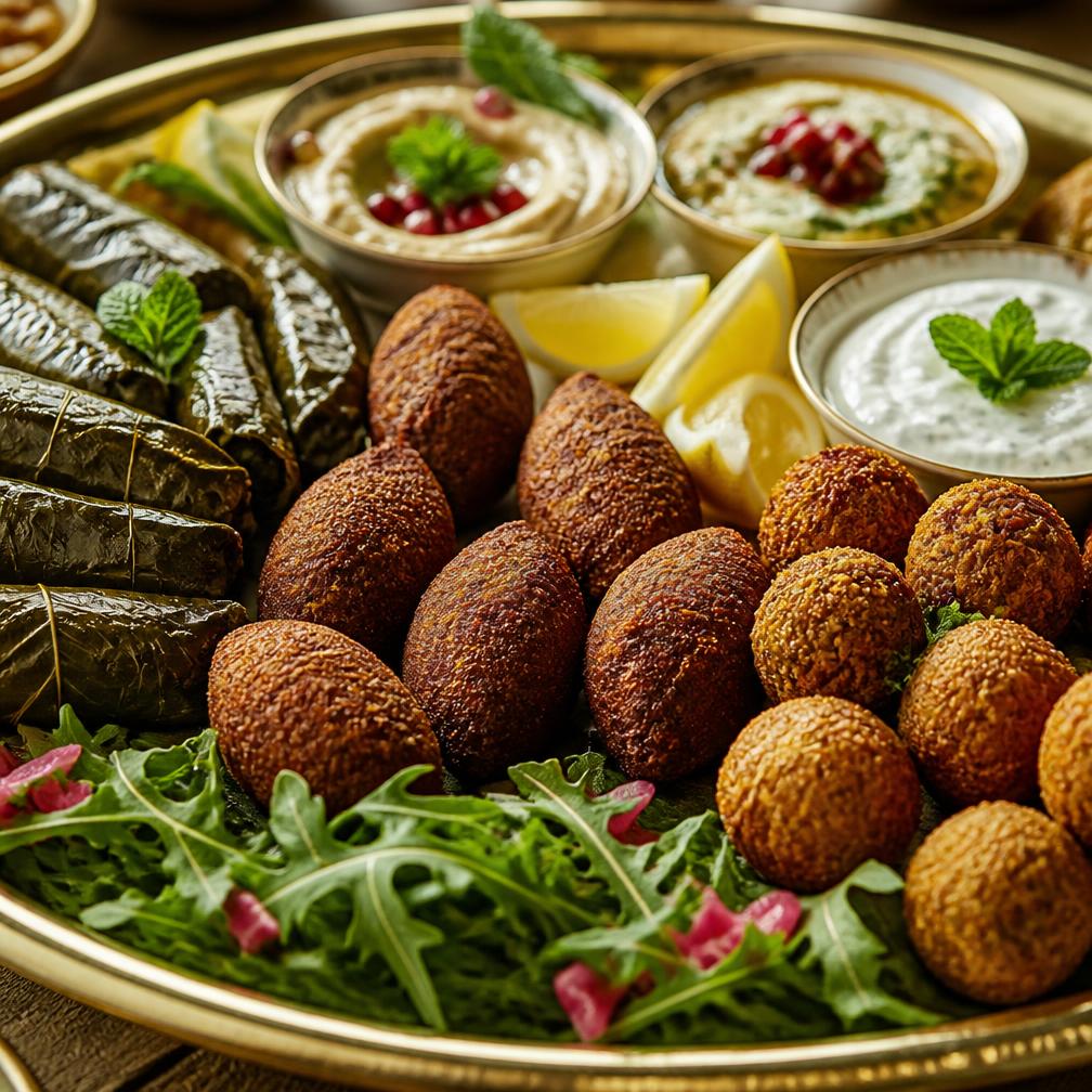 Platte mit Falafel, Kibbeh und gefüllten Weinblättern
