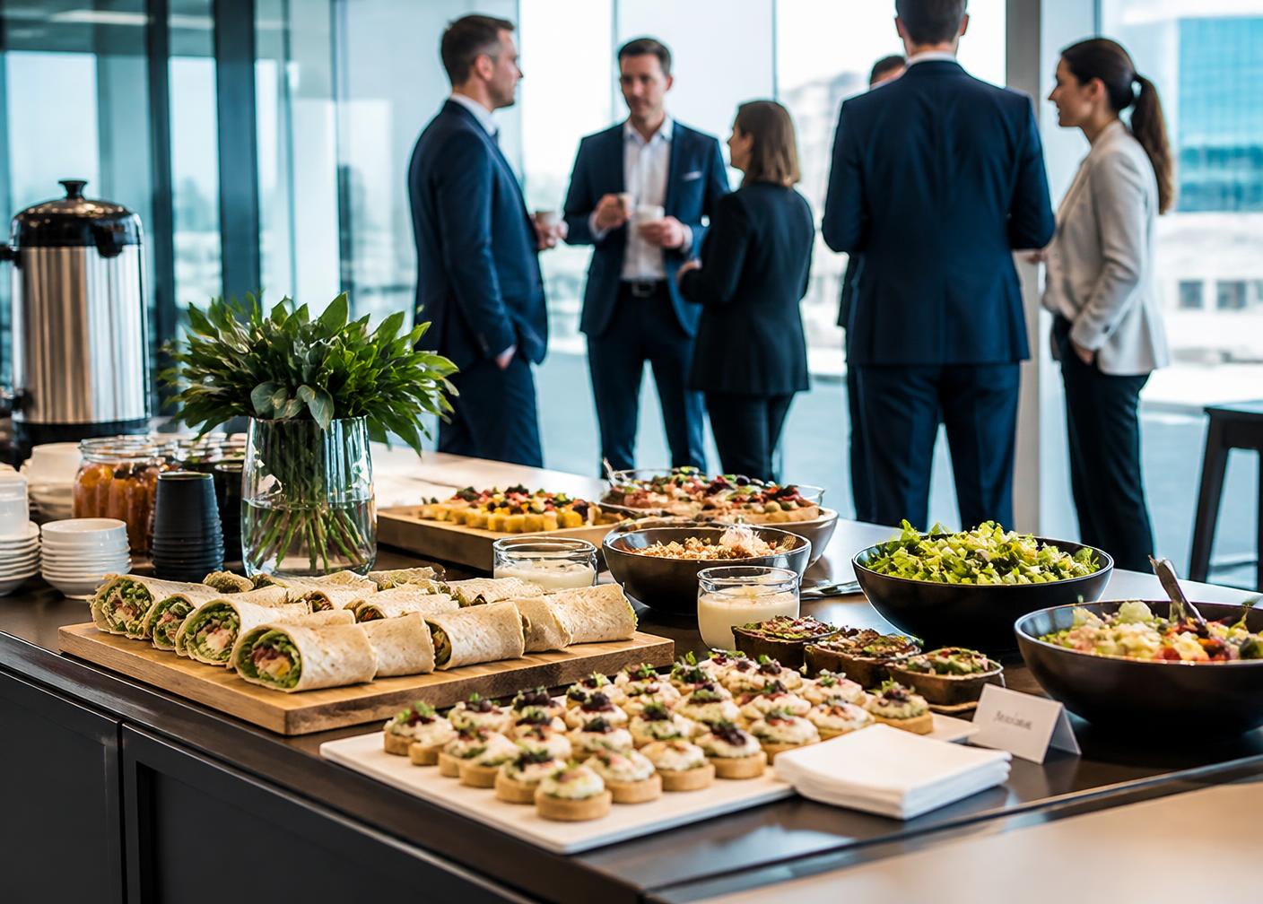 Firmen-Catering mit Fingerfood und Salaten in einem modernen Büro