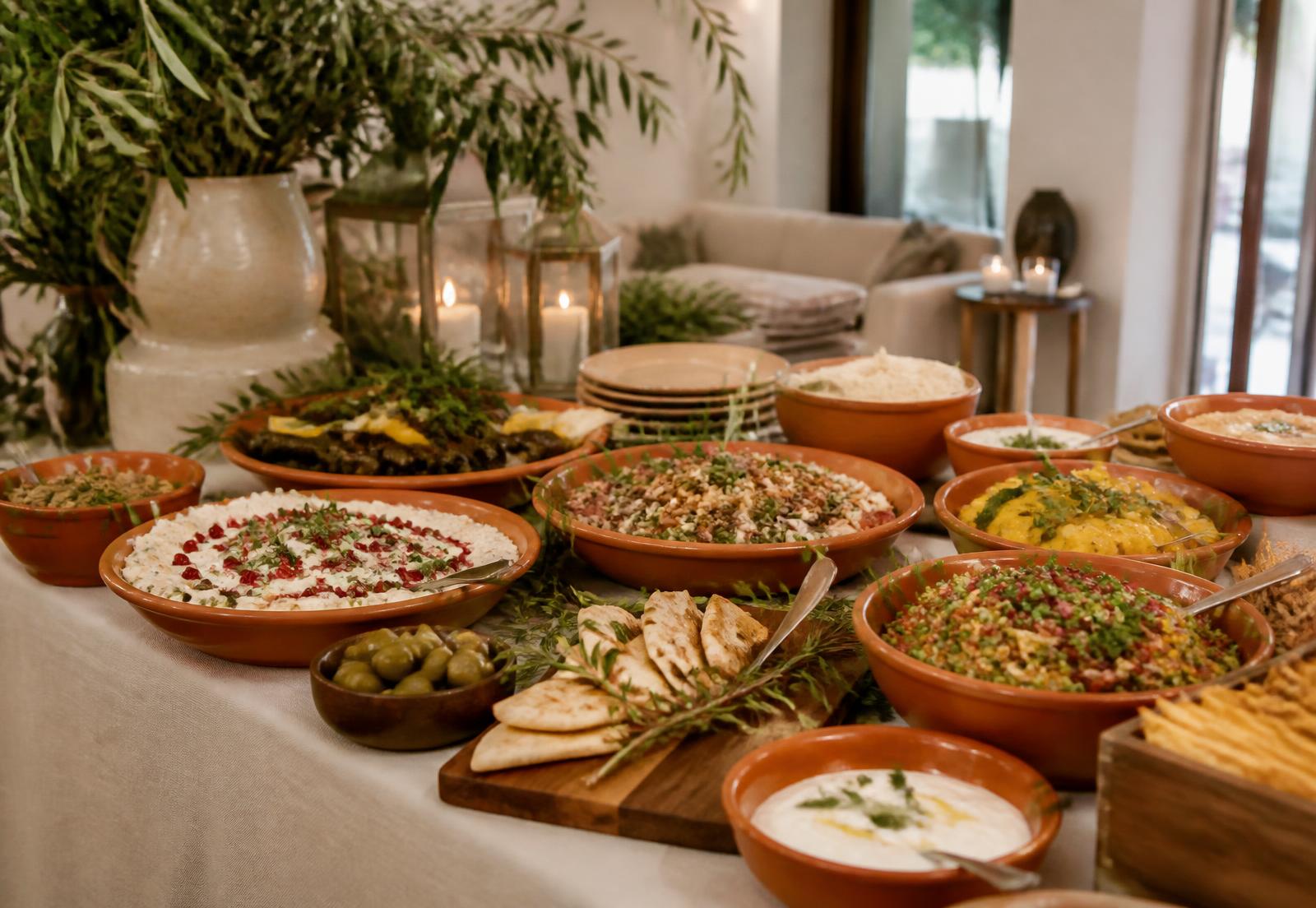 Liebevoll angerichtetes Catering-Buffet mit orientalischen Vorspeisen auf einer hellen Tafel